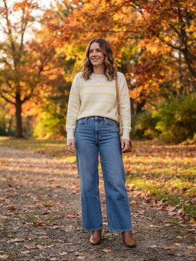 Gap Cream Pale Yellow Striped Cotton Crewneck Knit Sweater Large Coastal Prep